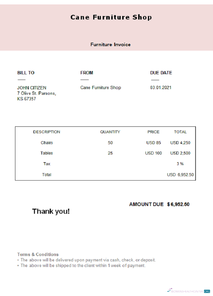 Download USA Cane Furniture Shop invoice Photoshop template